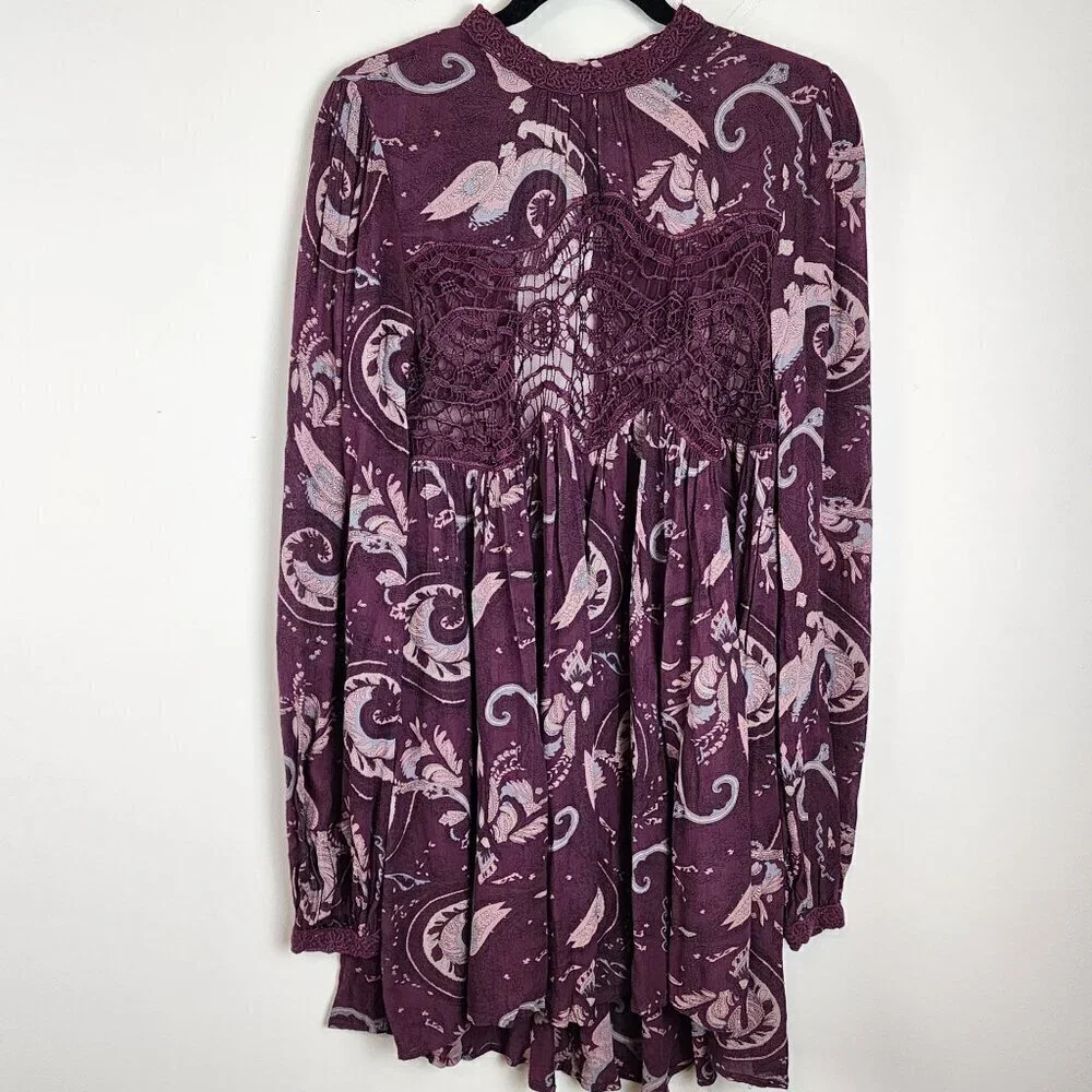 Free People sz M Sweet Thing Paisley tunic dress Wine color New